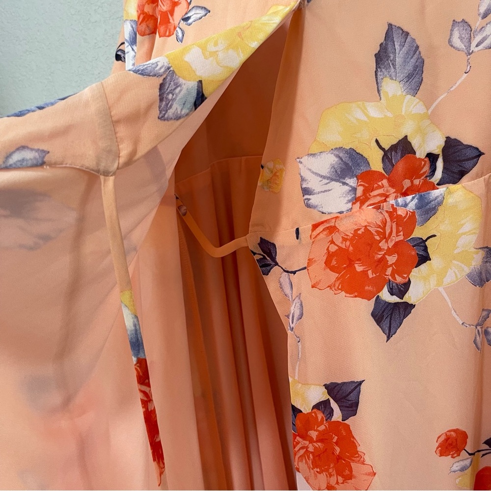 LULU's Heart's Delight Peach Floral Print Cold-Shoulder Wrap Dress L - Picture 4 of 7